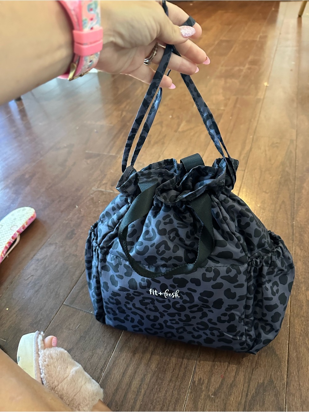 Fit + Fresh Black Leopard Drawstring Food Insulated Lunch Bag